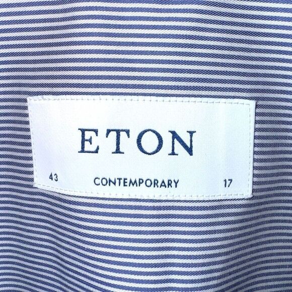 Eton Contemporary Blue Bengal Striped Twill Semi Spread Dress Shirt XL 17 - Picture 2 of 9